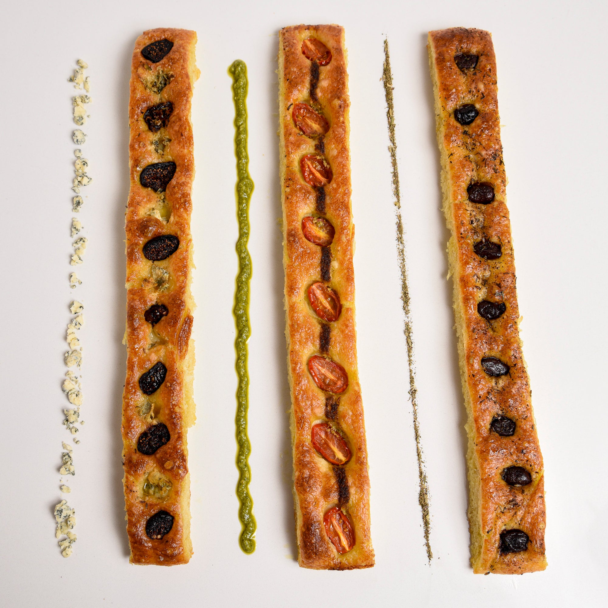 Three flavours of Le fournil bakery baguette méditerranéenne italian style bread