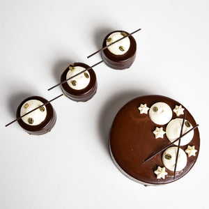 Two sizes of Le fournil bakery la pause café individual entremets made with coffee mousse, Devil's food cake and caramel crémeux