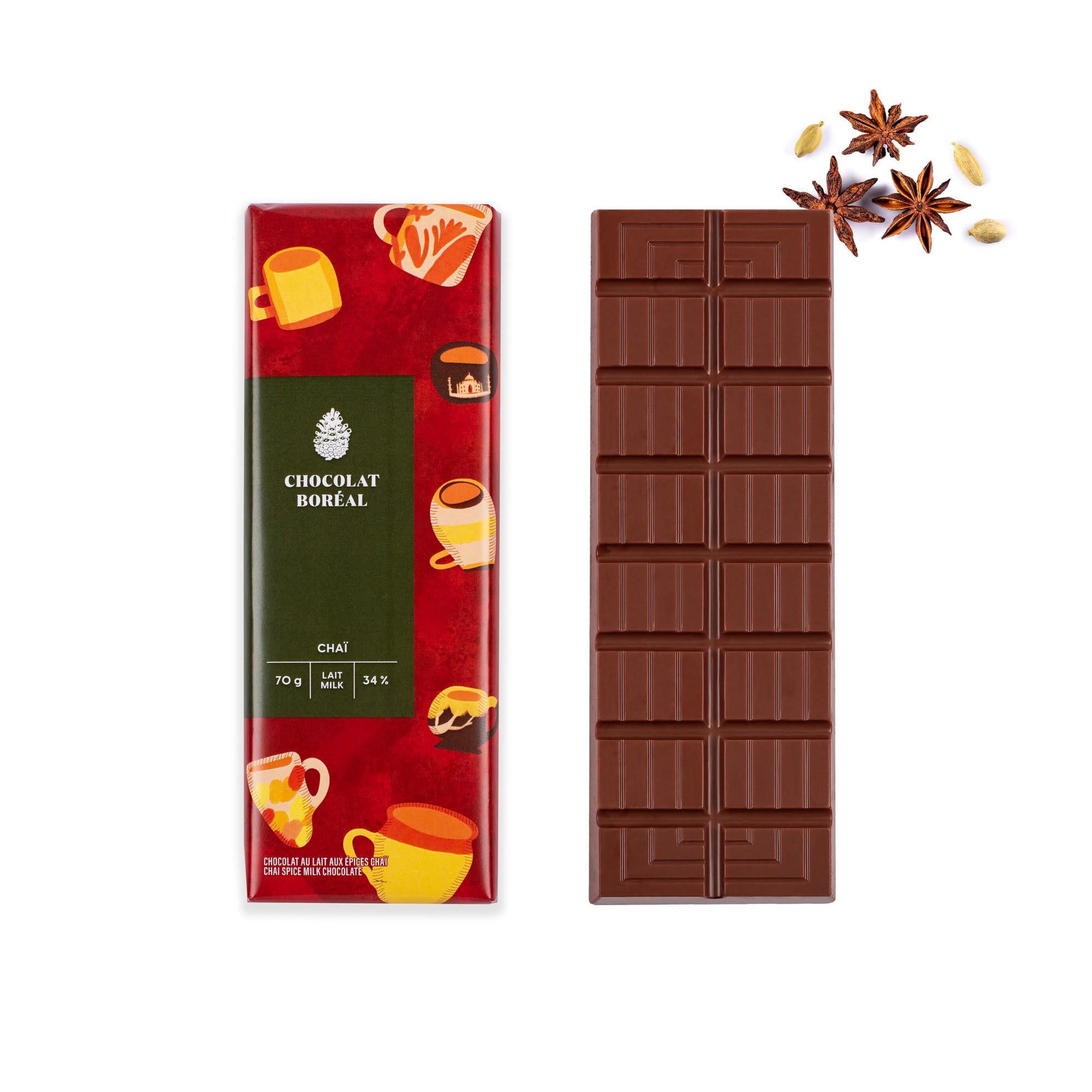 Milk chocolate bar with chai spices by Chocolat boréal.
