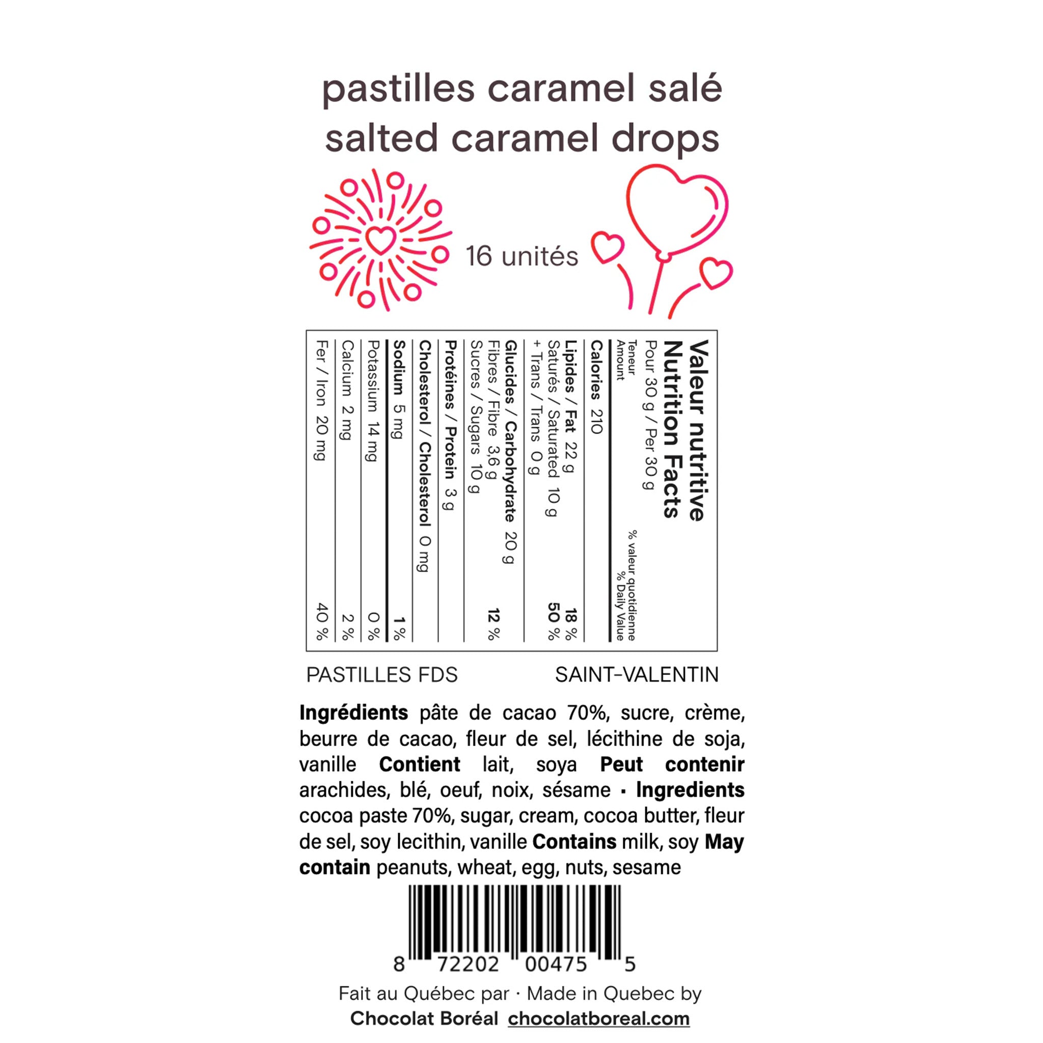 Nutritional information for Salted caramel hearts by Chocolat boréal