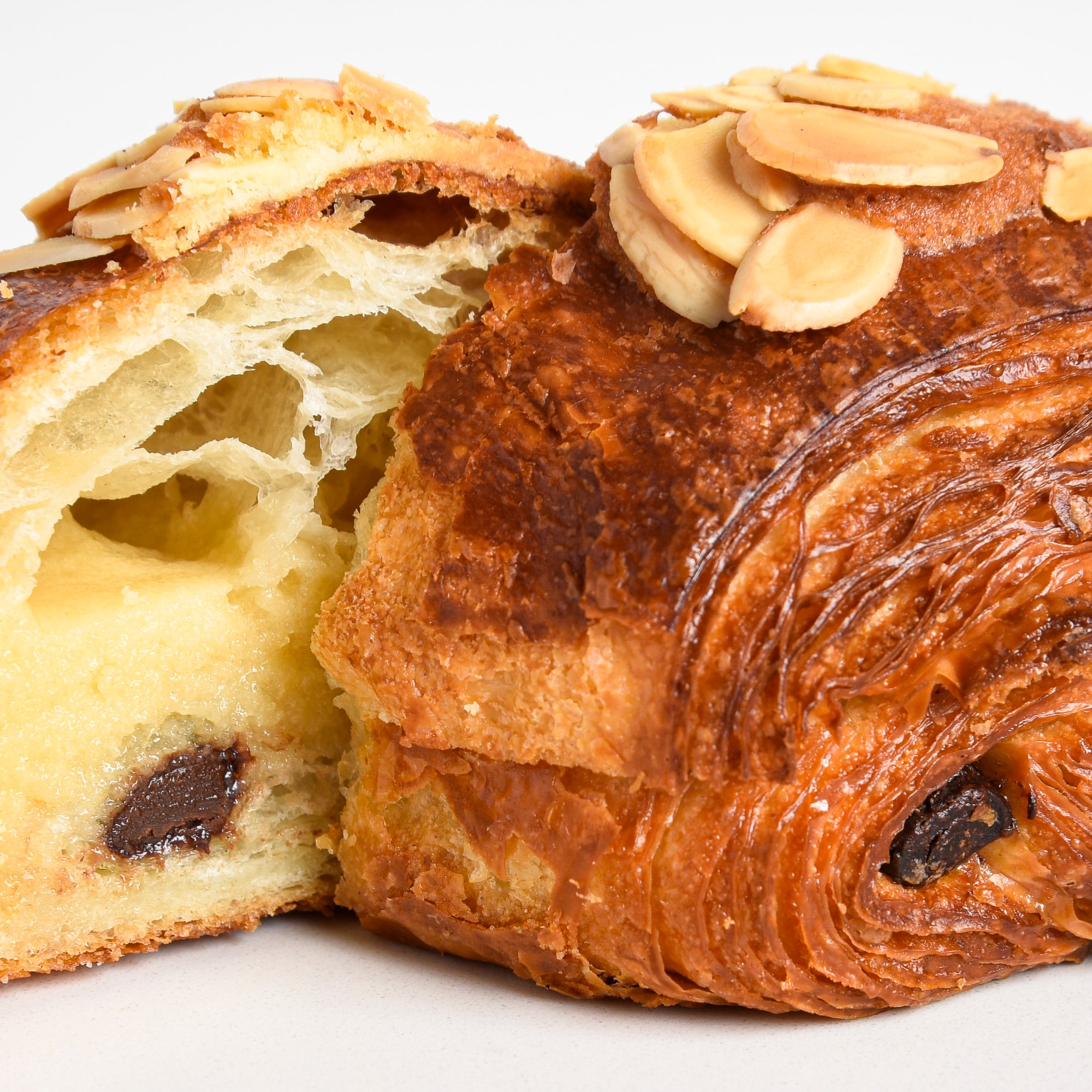 Cross section of Le fournil bakery chocolatine aux amandes pain au chocolat with almond cream