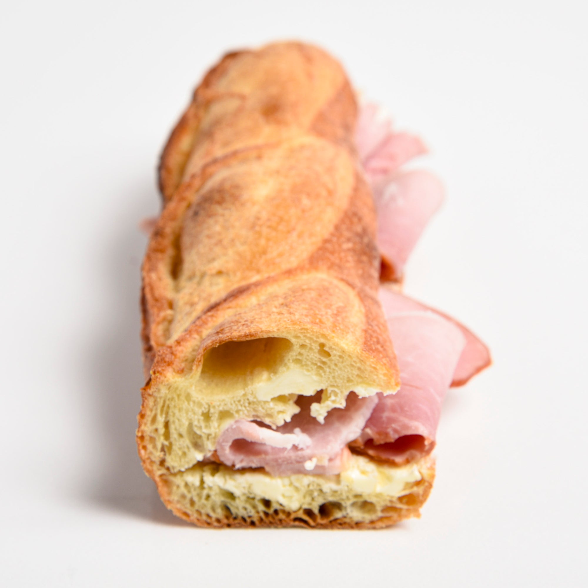 Close up of Le fournil bakery sandwich jambon beurre classic French ham with salted butter baguette