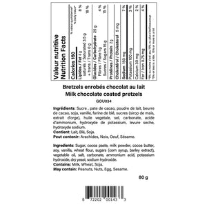 Nutrition facts label and ingredient list for milk chocolate coated pretzels by Chocolat boréal