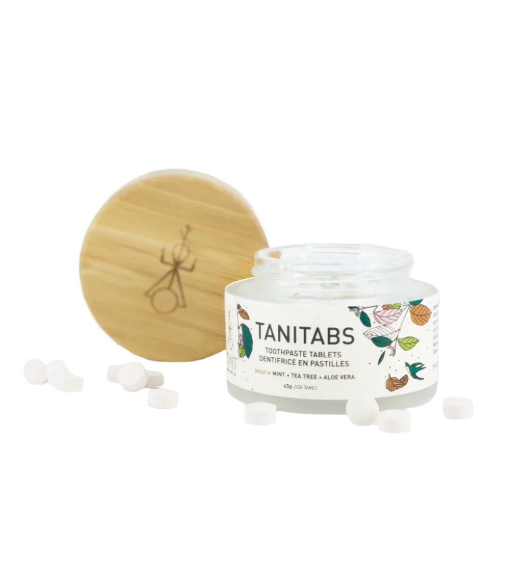 Tanit toothpaste tabs in a reusable container.